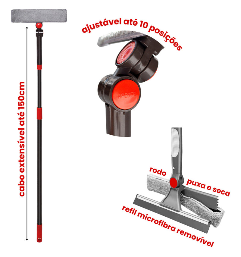 LIMPA VIDROS AJUSTÁVEL 2 em 1 - PANO MICROFIBRA E RODO MÁGICO PRÁTICO
