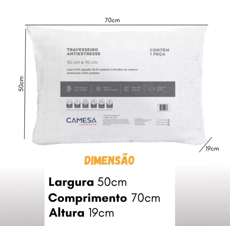 TRAVESSEIRO ANTI ESTRESSE COM FIBRA DE CARBONO / PRODUTO ORIGINAL CAMESA - ANTI STRESS