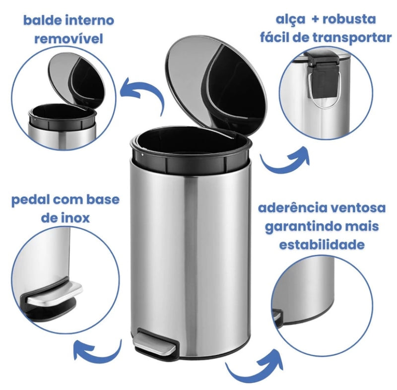 LIXEIRA SLIM DE INOX ESCOVADO - 3 Litros Com Pedal